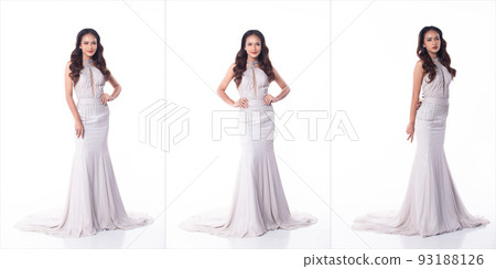 Collage Group Full length Figure of 20s Asian Woman black hair long evening gown and high heel shoes. Female stands and pose confident beautiful over white Background isolated Collage Group Full length Figure of 20s Asian Woman black hair long evening gown and high heel shoes. Female stands and pose confident beautiful over white Background isolated 93188126