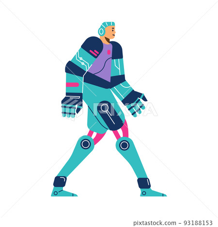 Human with robotic body, male cyborg walking - flat vector illustration isolated on white background. Human with robotic body, male cyborg walking - flat vector illustration isolated on white background. 93188153