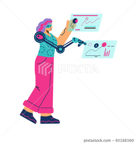 Cyborg robot replacing people in business process, flat vector isolated. Cyborg robot replacing people in business process, flat vector isolated. 93188160