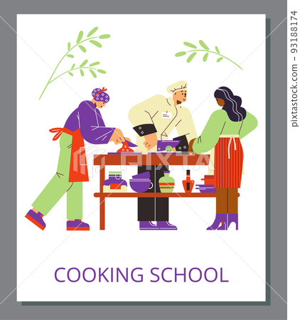Cooking school poster template with people studying together - flat vector illustration. 93188174