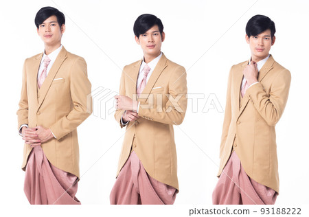 Collage Group half body Figure snap of 20s Asian man black hair suit jacket pant and shoes. Wedding male stands and pose confident over white Background isolated 93188222