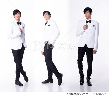Collage Group Full length Figure snap of 20s Asian man black hair suit jacket pant and shoes. Wedding male stands and pose confident over white Background isolated 93188224