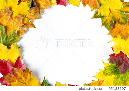 Circle frame of Autumn bright colorful maple leaves on white. Top view with copy space 93188307