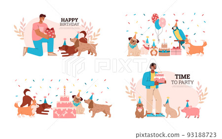 Set of scenes about pet birthday party flat style, vector illustration Set of scenes about pet birthday party flat style, vector illustration 93188723