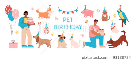 Set about pet birthday with people, gifts, decorations and cake flat style 93188724