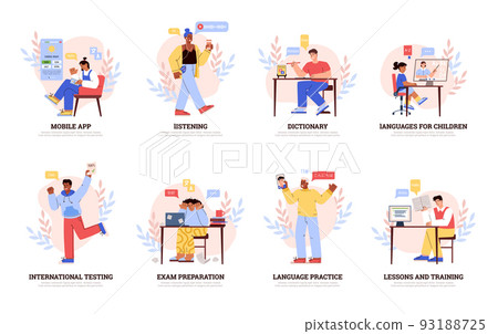 Languages learning icons, people studying online, preparing for exams - flat vector illustration on white. 93188725