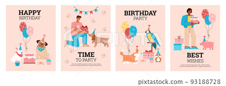 Pets birthday party cards or invitations collection, flat vector illustration. 93188728