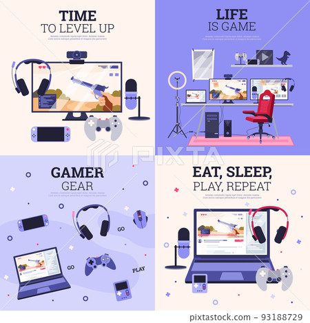 Gaming and Cybersport banners with gamers equipment, flat vector illustration. 93188729