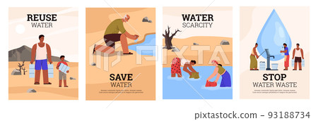 Water scarcity and water deficiency problem banners, flat vector illustration. 93188734