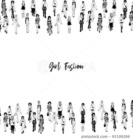 Women in trendy clothes. Fashion vector border. Women in trendy clothes. Fashion vector border. 93189266