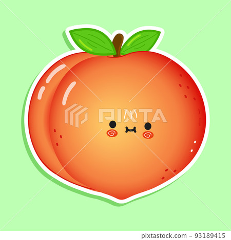 Cute funny peach sticker character. Vector hand drawn cartoon kawaii character illustration icon. Isolated on white background. Peach character concept 93189415