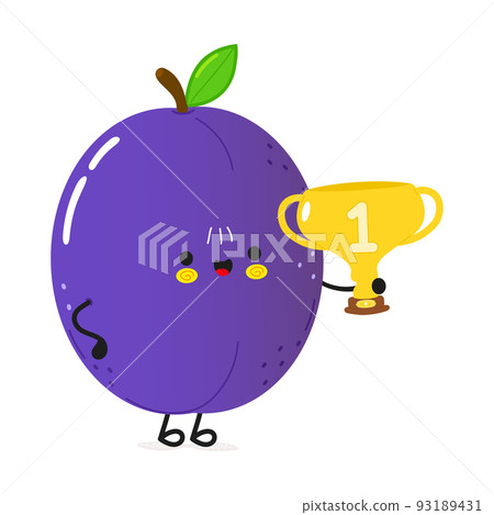 Cute funny plum hold gold trophy cup. Vector hand drawn cartoon kawaii character illustration icon. Isolated on white background. Plum with winner trophy cup 93189431