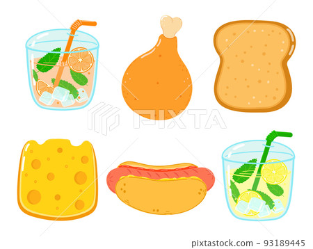 Funny happy fast food characters set. Vector hand drawn cartoon kawaii character illustration. Isolated white background. Cute lemonade, chickens leg, cheese, toast, bread, hot dog, juice Funny happy fast food characters set. Vector hand drawn cartoon kawaii character illustration. Isolated white background. Cute lemonade, chickens leg, cheese, toast, bread, hot dog, juice 93189445