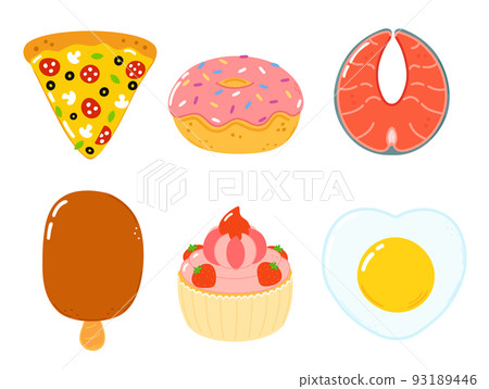 Funny happy fast food characters set. Vector hand drawn cartoon kawaii character illustration. Isolated white background. Cute pizza, donut, red fish, salmon, ice cream, cream, cake, fried egg Funny happy fast food characters set. Vector hand drawn cartoon kawaii character illustration. Isolated white background. Cute pizza, donut, red fish, salmon, ice cream, cream, cake, fried egg 93189446
