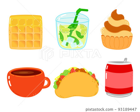 Funny happy fast food characters set. Vector hand drawn cartoon kawaii character illustration. Isolated white background. Cute wafer, mojito, cake, coffee cup, coffee cup, can of cola Funny happy fast food characters set. Vector hand drawn cartoon kawaii character illustration. Isolated white background. Cute wafer, mojito, cake, coffee cup, coffee cup, can of cola 93189447