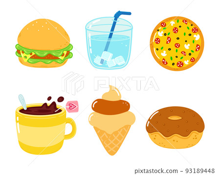 Funny happy fast food characters set. Vector hand drawn cartoon kawaii character illustration. Isolated white background. Cute sandwich, glass of water, pizza, cup of tea, ice cream, chocolate donut 93189448
