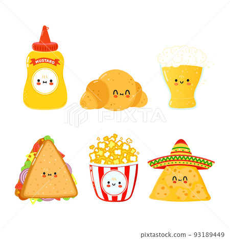 Funny happy fast food characters set. Vector hand drawn cartoon kawaii character illustration. Isolated white background. Cute mustard, croissant, beer, sandwich, popcorn, nachos Funny happy fast food characters set. Vector hand drawn cartoon kawaii character illustration. Isolated white background. Cute mustard, croissant, beer, sandwich, popcorn, nachos 93189449