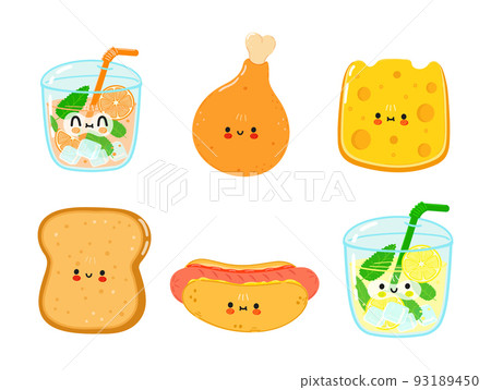 Funny happy fast food characters set. Vector hand drawn cartoon kawaii character illustration. Isolated white background. Cute lemonade, chickens leg, cheese, toast, bread, hot dog, juice 93189450