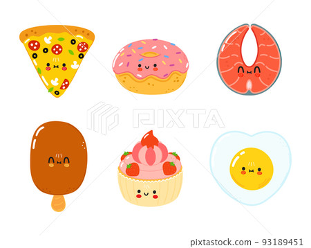 Funny happy fast food characters set. Vector hand drawn cartoon kawaii character illustration. Isolated white background. Cute pizza, donut, red fish, salmon, ice cream, cream, cake, fried egg Funny happy fast food characters set. Vector hand drawn cartoon kawaii character illustration. Isolated white background. Cute pizza, donut, red fish, salmon, ice cream, cream, cake, fried egg 93189451
