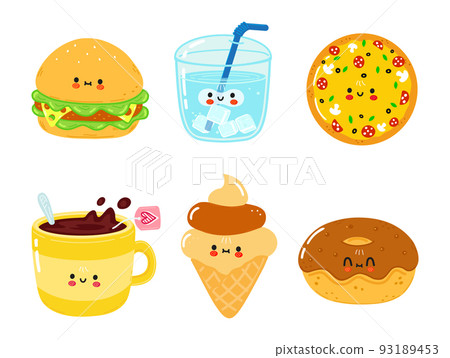 Funny happy fast food characters set. Vector hand drawn cartoon kawaii character illustration. Isolated white background. Cute sandwich, glass of water, pizza, cup of tea, ice cream, chocolate donut 93189453