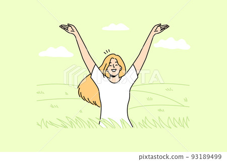 Smiling woman feeling optimistic in summer field Smiling woman feeling optimistic in summer field 93189499