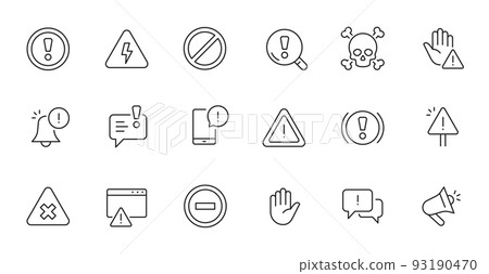 Alert, risk sign line icon set. Caution, warning, exclamation mark thin editable line stroke icon. Alert information, accident notification Alert, risk sign line icon set. Caution, warning, exclamation mark thin editable line stroke icon. Alert information, accident notification 93190470