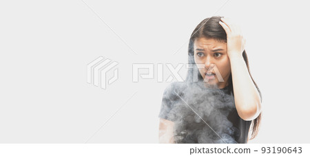 Emotional young dark hair woman with different emotions isolated over white background with clouds of smoke. Concept of mental health, art, emotions 93190643