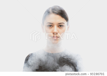 Emotional young dark hair woman with different emotions isolated over white background with clouds of smoke. Concept of mental health, art, emotions Emotional young dark hair woman with different emotions isolated over white background with clouds of smoke. Concept of mental health, art, emotions 93190701