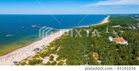 Aerial view of the beach and sea shore in Palanga, Lithuania. Aerial view of the beach and sea shore in Palanga, Lithuania. 93191038