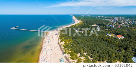 Aerial view of the beach and sea shore in Palanga, Lithuania. Aerial view of the beach and sea shore in Palanga, Lithuania. 93191042