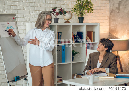 Good-looking woman presenting something at the flipchart while her colleagues listening 93191470