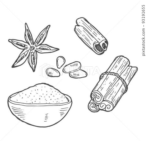 Vector illustration of a square format. Spices. For menus, coffee houses, postcards, print. Cinnamon sticks, star anise, cloves. Lineart on a white background. Banner. 93191655