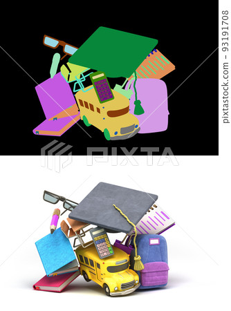 back to school concept school supply flying in air around yellow bus 3d illustration on white with alpha back to school concept school supply flying in air around yellow bus 3d illustration on white with alpha 93191708