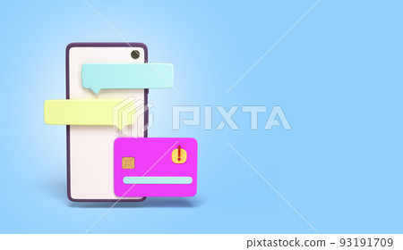 Concept of online bank services support Smartphone with credit card on screen 3d render illustration on blue background 93191709