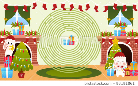 Christmas riddle for kids with cute bunny characters decotrating christmas tree, circle maze game Christmas riddle for kids with cute bunny characters decotrating christmas tree, circle maze game 93191861
