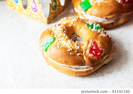 Roscon de Reyes - festive Spanish baking. Copy space. Roscon de Reyes - festive Spanish baking. Copy space. 93192180