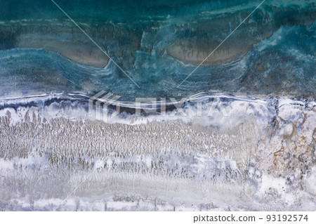 Lake Salda Shore. Burdur Province, Turkey. Martian Landscape. Aerial Vertical Top-Down View. Lake Salda Shore. Burdur Province, Turkey. Martian Landscape. Aerial Vertical Top-Down View. 93192574