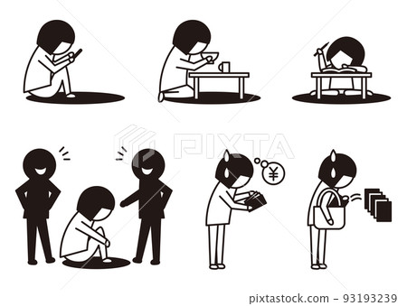 Girl's various problem behavior _ line drawing icon _ monochrome 93193239
