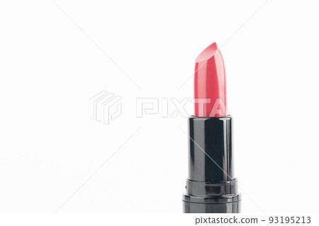 Red lipsticks in black tube package isolated on white background. Makeup and cosmetics concept. Close up. 93195213