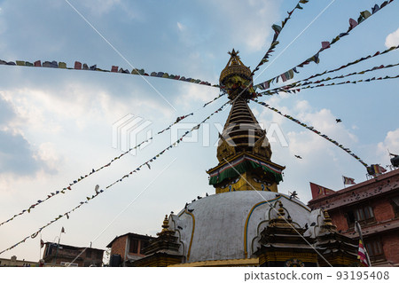 Buddha Eye drawn on Kaas Swayambhu of the stupa of a Buddhist temple built in a square in Kathmandu, Nepal Buddha Eye drawn on Kaas Swayambhu of the stupa of a Buddhist temple built in a square in Kathmandu, Nepal 93195408