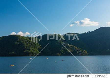 Nihonsan Myohoji temple built on Phewa lake and hills in Pokhara, Nepal 93195810