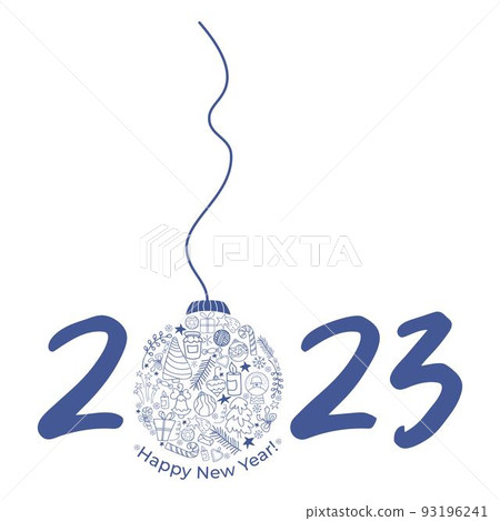 2023. Happy New Year. Date of year and christmas ball from christmas doodle line drawings. Vector illustration. For design, decor, banners, congratulations and postcards 93196241