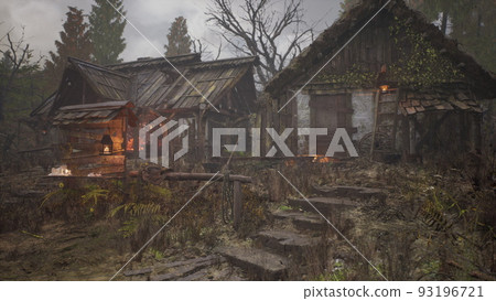 wooden log cabin in pine forest in summer 93196721