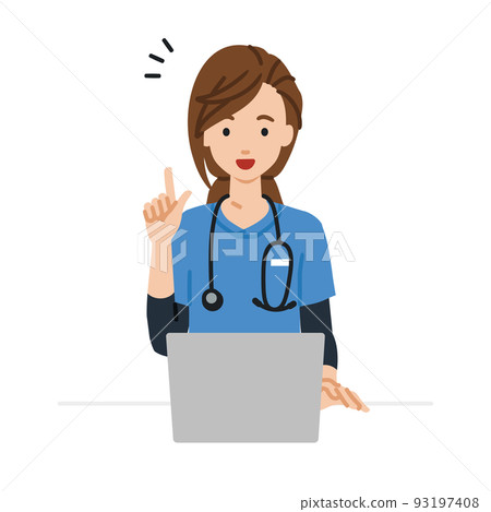 A nurse woman sitting at a desk, opening a PC and inspiring something 93197408