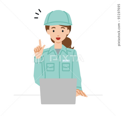 A female worker who sat at a desk, opened a PC, and had some inspiration 93197695