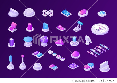 Isometric music switches. Retro futuristic 3D analog slider switchers toggles levers tumblers and knobs for audio and video editing control panel. Vector set 93197797