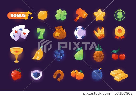 Casino symbols. Cartoon slot machine and spinning game colorful shiny icons, 2D game UI elements asset of fruits star heart playing card symbols. Vector set 93197802