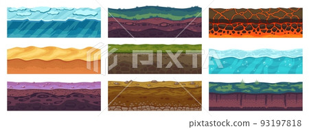 Game level ground. Seamless floor of different textures and materials for level construction, rocks ice grass sand biomes asset. Vector earth texture nature environment Game level ground. Seamless floor of different textures and materials for level construction, rocks ice grass sand biomes asset. Vector earth texture nature environment 93197818