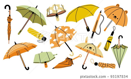 Autumn umbrella. Cartoon raincoats parasols and rain boots for rainy cold weather, colorful folded and opened seasonal wearing. Vector isolated design set 93197834