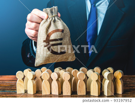Businessman holds out a euro money bag to the crowd. Compensation payments. Official. Staff maintenance. Financial support. Tax collection. Providing money, paying salaries and grants. Businessman holds out a euro money bag to the crowd. Compensation payments. Official. Staff maintenance. Financial support. Tax collection. Providing money, paying salaries and grants. 93197952